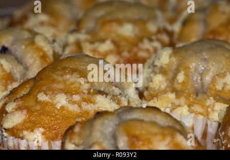 Un nuovo lotto di muffin ai mirtilli come visto attraverso un obiettivo macro con un colpo angolato rivelando ruvido e texture interessanti. Foto Stock