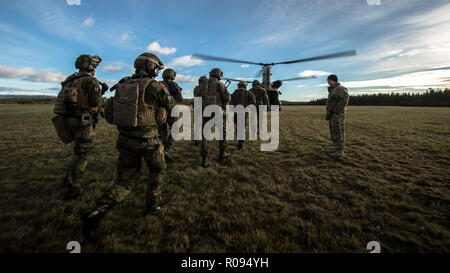 Rena, 25 ottobre 2018, Norwegian Air assalto delle truppe di formazione sono le loro punte con aiuto del US Army e loro Chinooks durante il Tridente frangente Rena. Con circa 50.000 personale partecipante in Trident frangente 2018, è uno dei più grandi esercitazioni NATO negli ultimi anni. Circa 250 velivoli, 65 navi e più di 10.000 veicoli sono coinvolti nell'esercizio in Norvegia. Foto di Hille Hillinga, Mediacentrum Defensie (MCD) Foto Stock