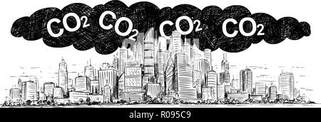 Vettore di disegno artistico illustrazione della città coperto da smog e CO2 dell'inquinamento atmosferico Illustrazione Vettoriale