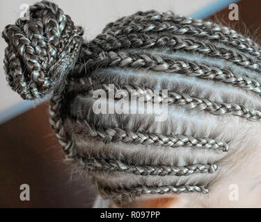 Trecce, pig-tail sul tempio, capelli disegni cornrows, capelli lunghi Foto Stock