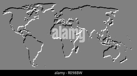 Una mappa del mondo in bianco e nero e stile whiteembosed Foto Stock