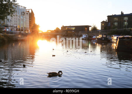 Regents Canal, Kings Cross, London. 2 Nov 2018. Regno Unito Meteo: un bel tramonto alla fine della giornata di venerdì 2 novembre. Regents Canal a Kings Cross da granaio Square, a nord di Londra, UK Credit: Monica pozzetti/Alamy Live News Foto Stock