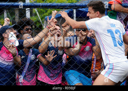 Sao Paulo, Brasile. 02Nov, 2018. I fan di celebrare un giocatore al gay-campionato di calcio. Il campionato vuole costituire un esempio per la tolleranza e la diversità nel mondo dello sport. Il futuro presidente del Brasile, Bolsonaro, ha ripetutamente provocato con esplosioni contro le minoranze, estremisti di slogan e le espressioni di simpatia per la dittatura militare. Circa i gay, ultra-ragazzo giusto detto, 'preferisco il mio figlio è morto in un incidente di mostrare fino a qui con un ragazzo con i baffi.' Credit: Alan Morici/dpa/Alamy Live News Foto Stock