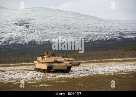 Molde Fiordi Norvegia. 01 Nov, 2018. Stati Uniti Marines con Serbatoio 2° Battaglione, 2° Divisione Marine, posizione a M1A1 Abrams battaglia serbatoio durante l'esercizio Trident frangente 18 Novembre 1, 2018 in Oppdal, Norvegia. Il multi-nazionale esercizio è la più grande esercitazione NATO dal 2015 e comprende più di 50.000 militari di 31 paesi. Credito: Planetpix/Alamy Live News Foto Stock