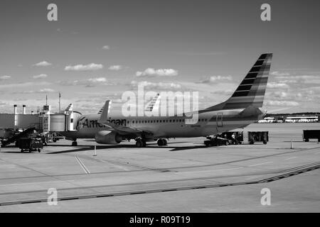 American Airlines Boeing 737 (N845NN) presso un terminale all'Aeroporto Intercontinentale George Bush (IAH) di essere sottoposto a manutenzione tra i voli. Foto Stock