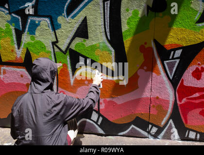 Vista posteriore di un uomo la spruzzatura di graffiti sul muro nel vicolo di Melbourne, Victoria, Australia Foto Stock