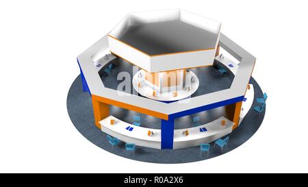 Modello 3D di un chiosco per la vendita in una fiera ottagonale con sedie per i clienti e fornitori su un tappeto circolare. Stand in bianco, blu e arancione Foto Stock