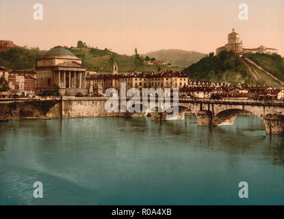 Chiese della Gran Madre di Dio (sinistra) e il Monte dei Cappuccini (a destra), Torino, Italia, Photochrome Stampa, Detroit Publishing Company, 1900 Foto Stock