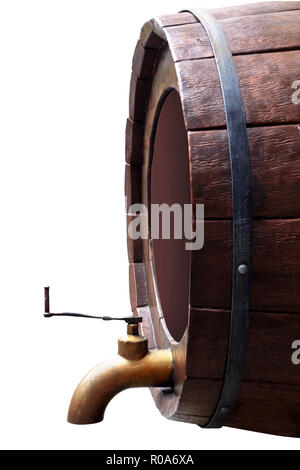 Il vecchio Barile di legno isolato su sfondo bianco Foto Stock