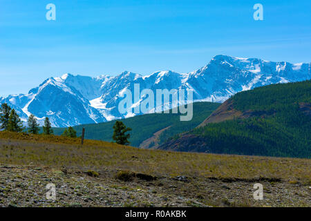 Vista da Chui luogo verso le cime innevate del Nord Chui ridge, Altai Repubblica Foto Stock