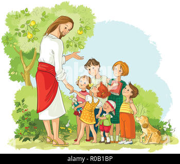 Gesù con bambini.Cartoon illustrazione cristiana Foto Stock