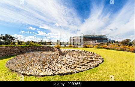 "Vagabondaggio" scultura di Chris Drury nel Parco dello stadio a fianco di optus Stadium. Burswood, Perth, Western Australia Foto Stock