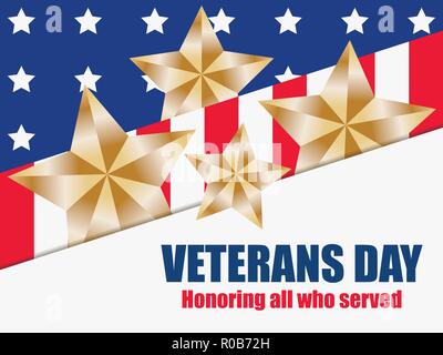 Veterani undicesimo giorno di novembre. In onore di tutti coloro che hanno servito. Biglietto di auguri con il rosso e strisce blu con le stelle. Stelle d'oro. Illustrazione Vettoriale Illustrazione Vettoriale