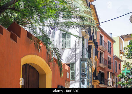 Strada tradizionale ed edifici in Palma de Mallorca Foto Stock