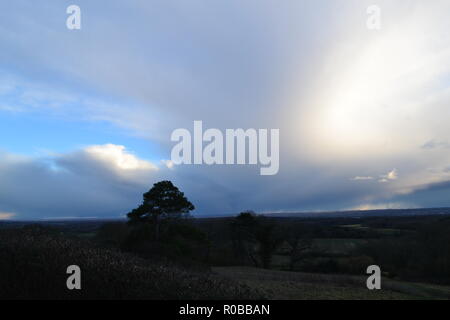 Un giorno con drammatica nuvole e docce invernale, febbraio 2018, nel Kent, Regno Unito, a One Tree Hill sulla North Downs' Greensand Ridge, vicino a Sevenoaks Foto Stock