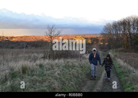 Una coppia giovane tenere le mani in una passeggiata nel Kent vicino a Ightham Mote in inverno. Nuvole temporalesche e un albero di luce del sole dietro make per un insolito scena. Foto Stock