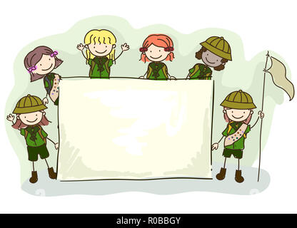 Illustrazione di Stickman Ragazzi Ragazze ragazza indossa uniformi Scout e tenendo un'intestazione vuota per il campeggio Foto Stock