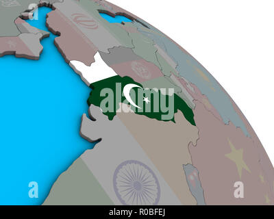 Il Pakistan con embedded bandiera nazionale sulla semplice politica blu globo 3D. 3D'illustrazione. Foto Stock