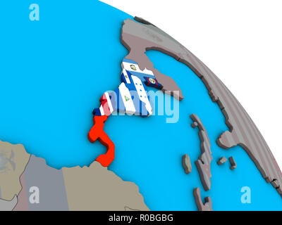America centrale con embedded bandiere nazionali sulla semplice politica blu globo 3D. 3D'illustrazione. Foto Stock