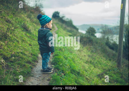 Un piccolo bimbo sta camminando sul pendio di una collina in autunno Foto Stock