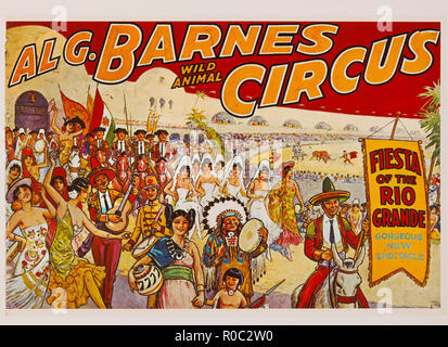 Al G. Barnes Wild Animal Circus, Fiesta del Rio Grande nuovo splendido spettacolo, poster di circo, litografia, 1930 Foto Stock