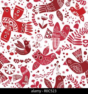 Vettore folk di natale uccelli rossi seamless pattern. Illustrazione Vettoriale