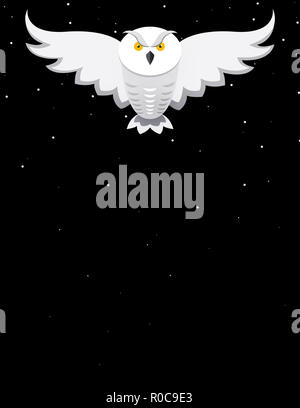 Illustrazione di un Snowy White owl battenti contro un nero cielo notturno Foto Stock