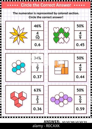 Le competenze matematiche formazione visual puzzle o foglio di lavoro. Cerchiare la risposta corretta. Trovare il numero equivalente per ciascuna frazione pittorica di rappresentanza. Risposta inclusa. Illustrazione Vettoriale