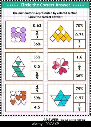 Le competenze matematiche formazione visual puzzle o foglio di lavoro. Cerchiare la risposta corretta. Trovare il numero equivalente per ciascuna frazione pittorica di rappresentanza. Risposta inclusa. Illustrazione Vettoriale