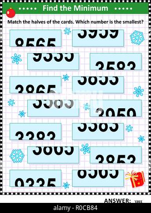 Math visual puzzle: trovare il minimo. Corrisponde alla metà delle carte. Quale numero è il più piccolo? Risposta inclusa. Illustrazione Vettoriale