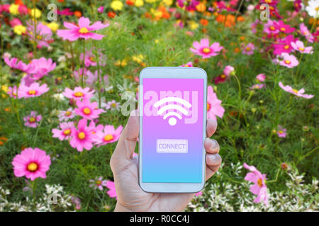 Mano azienda smartphone con wifi connessione sullo schermo più sfocato nel cosmo dello sfondo dei campi Foto Stock
