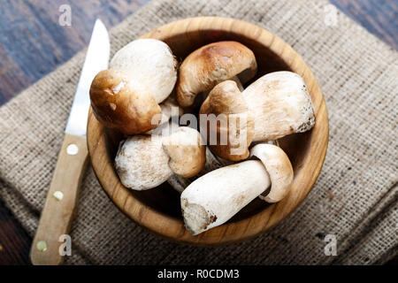 Raccolta di funghi porcini in un piatto di legno su un tovagliolo di tela ruvida. luogo di testo. Foto Stock