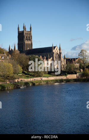 Fiume passando accanto alla cattedrale di Worcester in una giornata di sole con un cielo blu e i cigni sul fiume Foto Stock