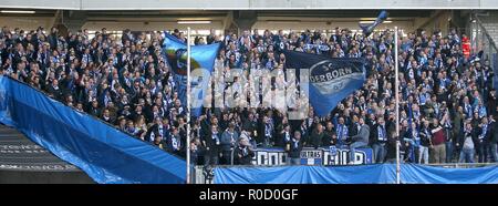 Duisburg, Deutschland. 03 Nov, 2018. firo: 03.11.2018 calcio, 2. Bundesliga, stagione 2018/2019 MSV Duisburg - SC Paderborn 07 l'angolo della ventola di Paderborn. | Utilizzo di credito in tutto il mondo: dpa/Alamy Live News Foto Stock