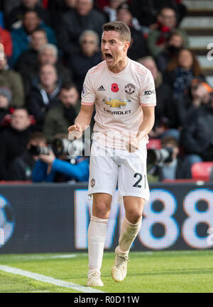 Bournemouth, Regno Unito. 03 Nov, 2018. Ander Herrera del Man Utd celebra il gol vincente durante il match di Premier League tra Bournemouth e il Manchester United al Goldsands Stadium, Bournemouth, Inghilterra il 3 novembre 2018. Foto di Andy Rowland. (La fotografia può essere utilizzata solo per il giornale e/o rivista scopi editoriali. www.football-dataco.com) Credito: Andrew Rowland/Alamy Live News Foto Stock