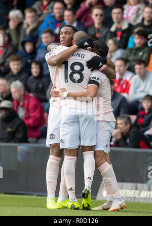 Bournemouth, Regno Unito. 03 Nov, 2018. Festeggiamenti dopo Anthony Martial del Man Utd obiettivo durante il match di Premier League tra Bournemouth e il Manchester United al Goldsands Stadium, Bournemouth, Inghilterra il 3 novembre 2018. Foto di Andy Rowland. (La fotografia può essere utilizzata solo per il giornale e/o rivista scopi editoriali. www.football-dataco.com) Credito: Andrew Rowland/Alamy Live News Foto Stock