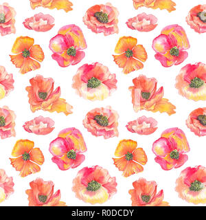 Il Pattern raster di acquerelli di illustrazione di papavero e Peonia fiori sugli sfondi Foto Stock