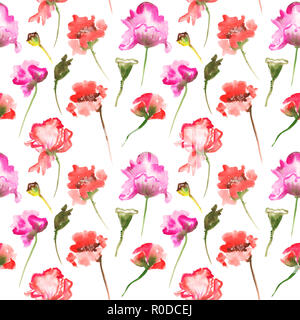 Il Pattern raster di acquerelli di illustrazione di papavero e Peonia fiori sugli sfondi Foto Stock
