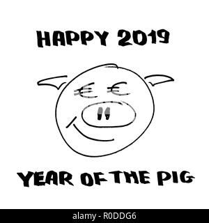 Felice anno 2019 del maiale - allegro muso di maiale con i messaggi di saluto Foto Stock