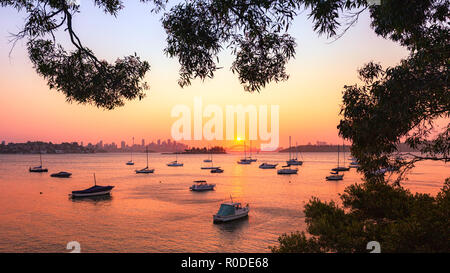 Un bellissimo tramonto sul Ponte del Porto di Sydney si riflette nelle tranquille acque della baia di Eremita nella Vaucluse.Visto dall'Eremo Foreshore a piedi Foto Stock