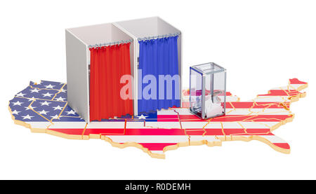 Elezioni americane concetto, urne con cabine di voto sulla mappa degli STATI UNITI D'AMERICA. 3D rendering isolati su sfondo bianco Foto Stock