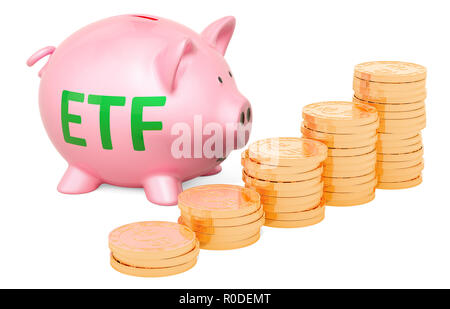 Salvadanaio con monete d'oro. Un exchange-traded fund (ETF) concetto, 3D rendering isolati su sfondo bianco Foto Stock