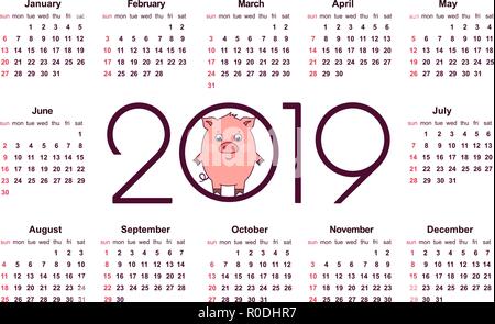 Calendario di maiale per 2019. Simbolo dell'anno nel calendario cinese. Semplice template vettoriale. Articoli di cancelleria modello di disegno. Isolato illustrazione vettoriale su Illustrazione Vettoriale