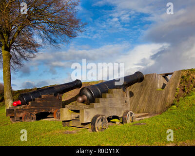 Due vecchi cannoni dietro ad una diga nel museo fortezza di Bourtange nei Paesi Bassi Foto Stock