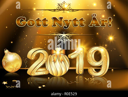 Svedese di biglietto di auguri per il nuovo anno 2019 CELEBRAZIONE. Traduzione del testo: Felice Anno Nuovo! La carta del design include Natale e baubles di abete luminoso Foto Stock