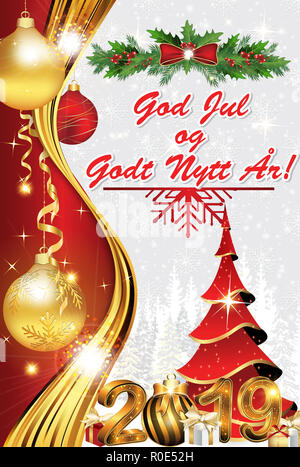 Biglietto di auguri con testo norvegese, progettato per la stagione di saluto 2019. Traduzione del testo: Buon Natale e Felice Anno Nuovo. Foto Stock
