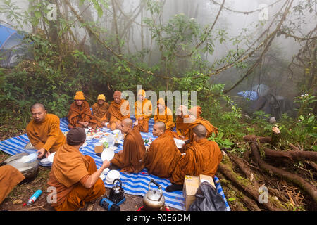 CHIANG DAO, Thailandia, gennaio 06, 2015: gruppo di monaci buddisti pregano per il nuovo anno celebrazione prima di un pranzo all'aperto nelle nebbiose natura selvaggia di t Foto Stock