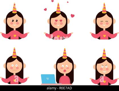 Cartoon serie di divertenti persone di sesso femminile che esprime emozioni diverse isolati su sfondo bianco illustrazione vettoriale Illustrazione Vettoriale