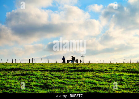 Un campo verde in lontananza sono due escursionisti stagliano in piedi presso un cancello accanto a un segno posto con una staccionata in legno in esecuzione attraverso il centro dell'IO Foto Stock
