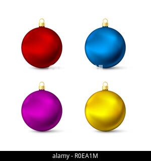 Realistico multicolore palle di Natale set. Colorato Nuovo Anno di giocattoli. Illustrazione di vettore isolato su bianco Illustrazione Vettoriale